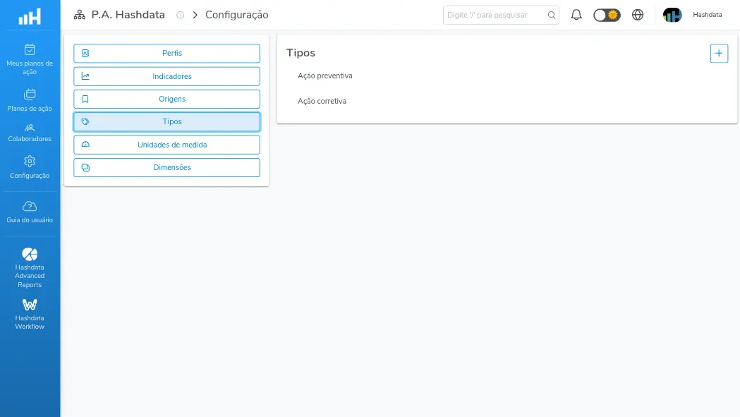 Configuração dos tipos de ação dos Planos de Ação