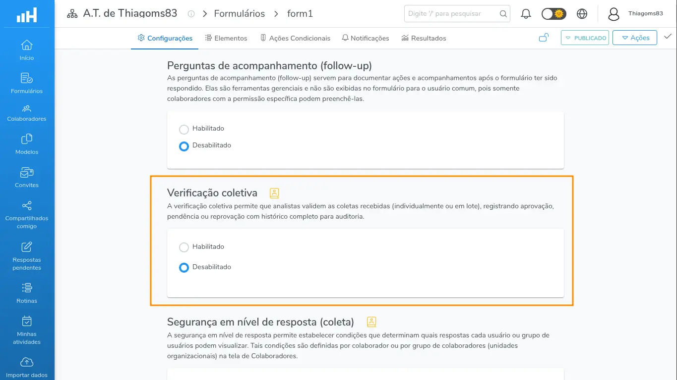 Bloco Verificação coletiva na aba Configurações, com a opção Desabilitado marcada