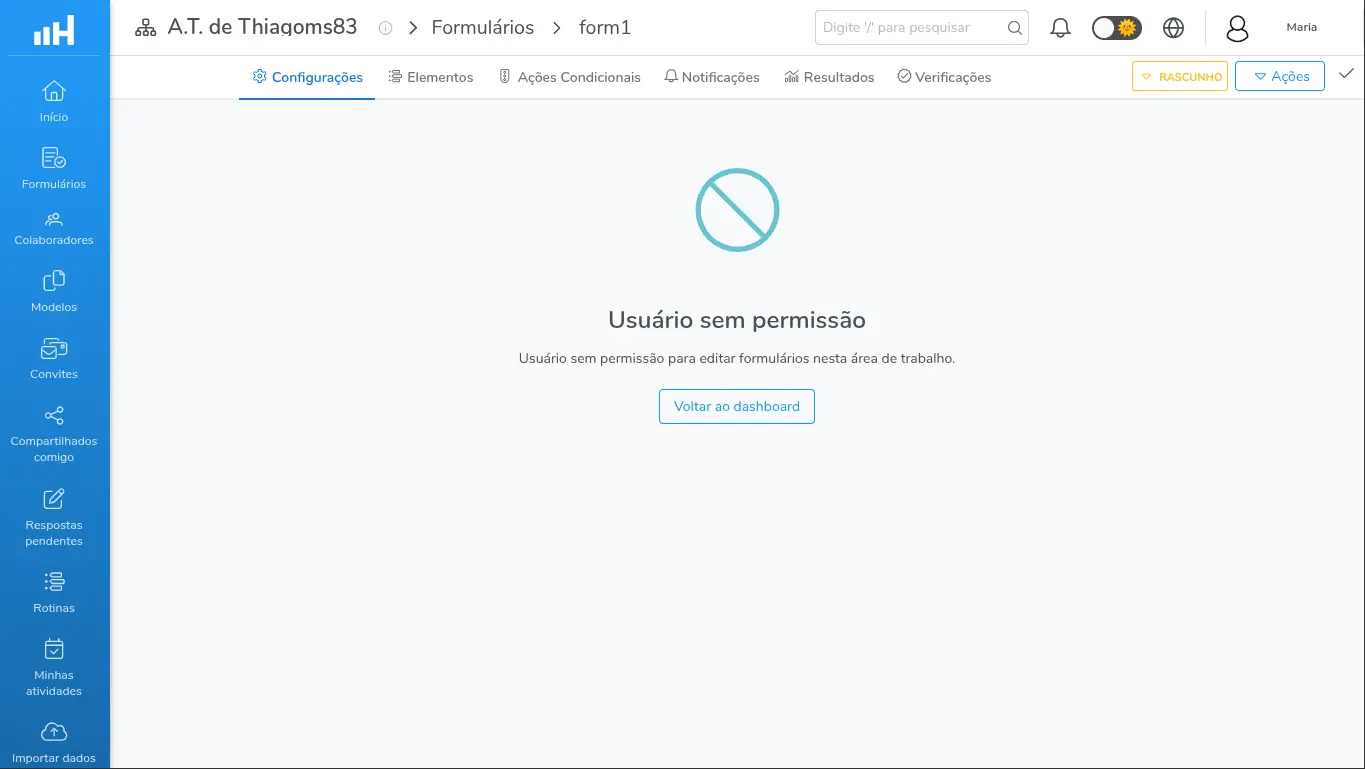 Mensagem de usuário sem permissão ocupando a aba Configurações