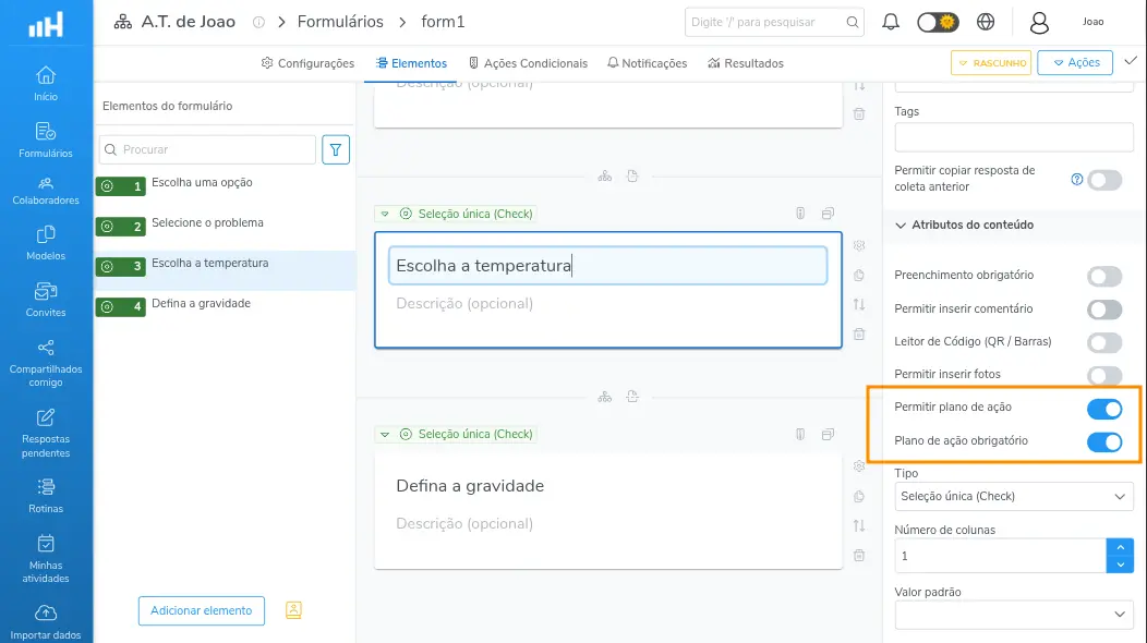 Habilitando a opção de Plano de Ação em uma pergunta