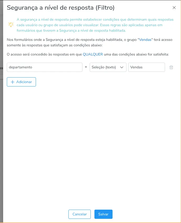 Usuário com acesso às respostas de Vendas