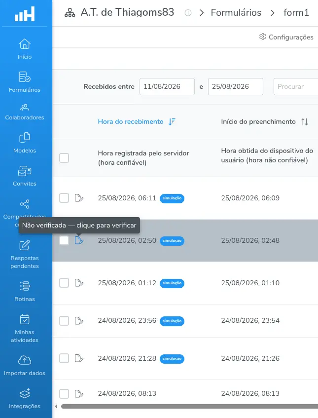 Ícone cinza com a dica "Não verificada — clique para verificar"
