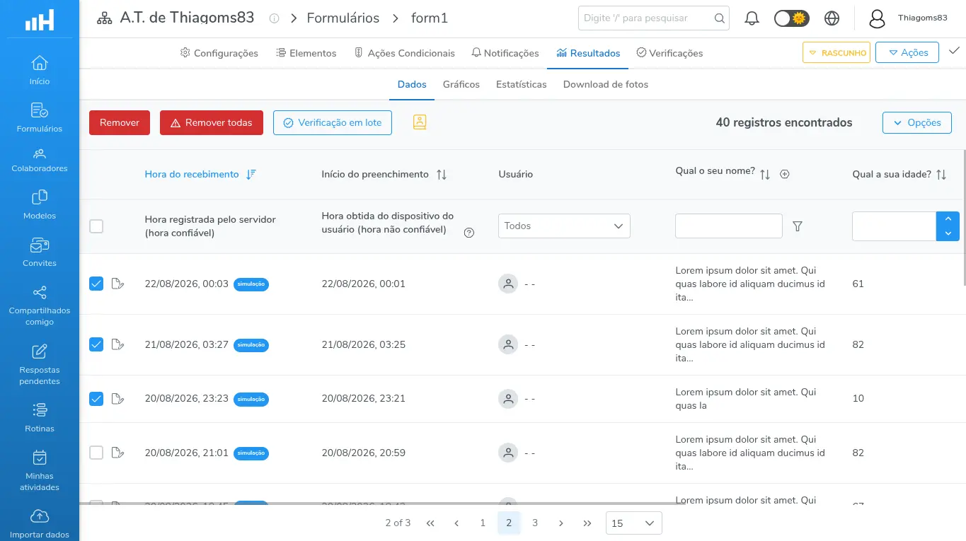 Painel de botões Remover, Remover todas e Verificação em lote após marcar várias linhas