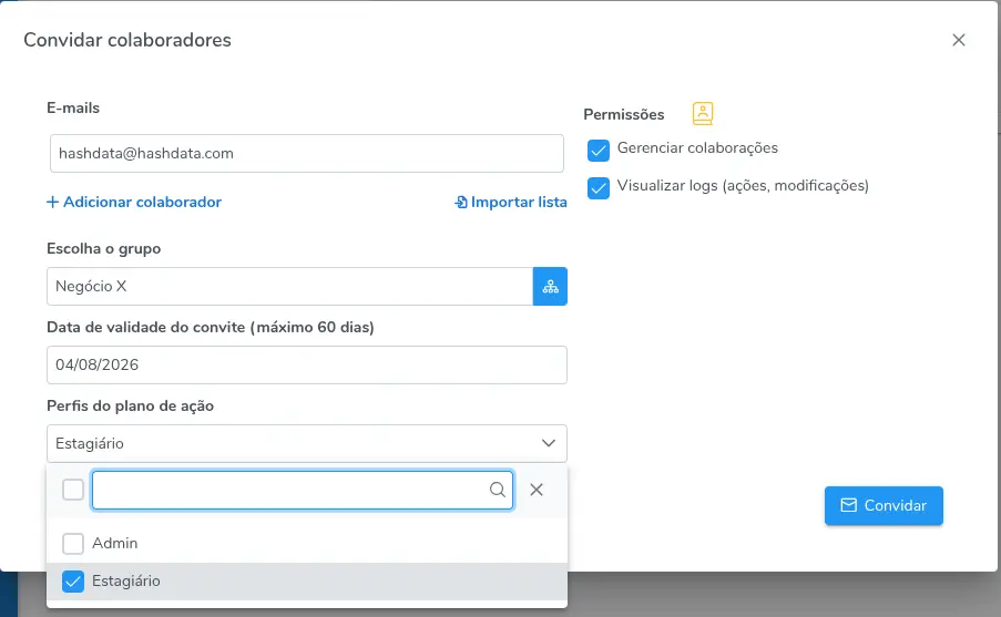 Convidando um colaborador e atribuindo o perfil do Plano de Ação