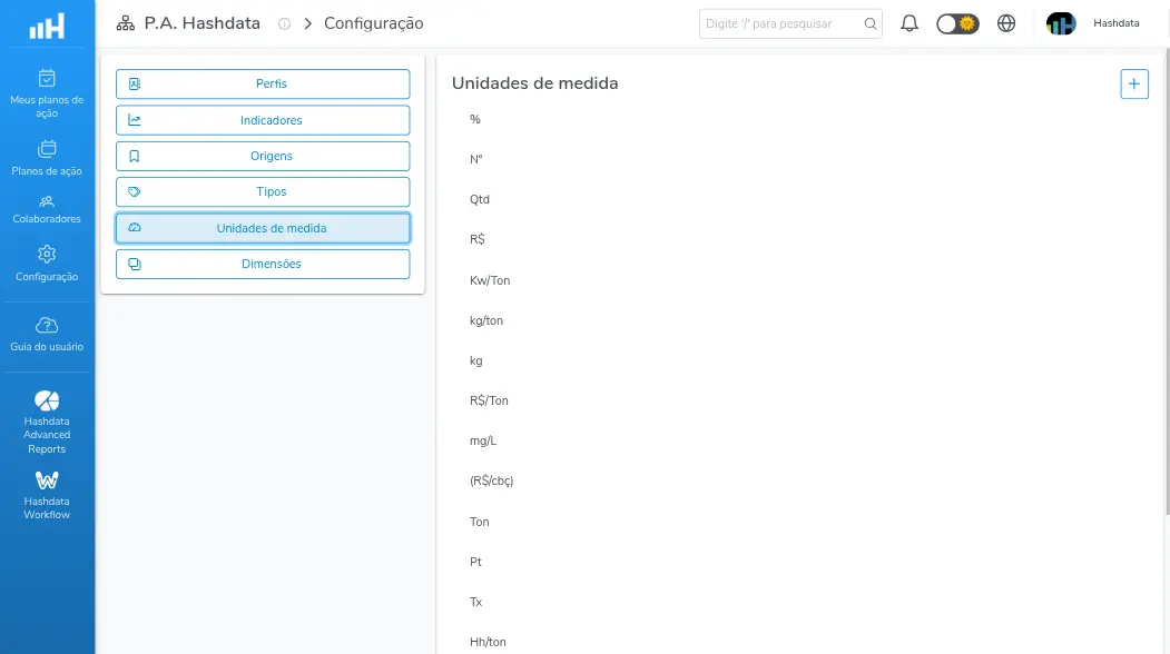 Configuração das unidades de medida dos Planos de Ação