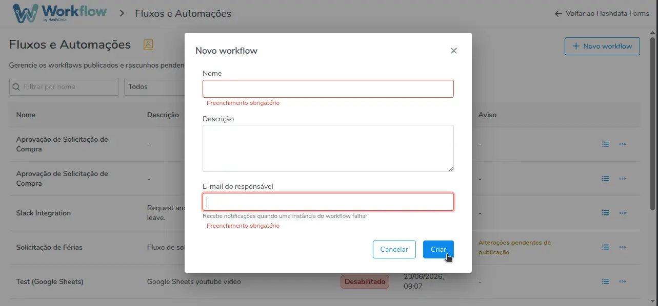 Janela de criação de um novo Workflow
