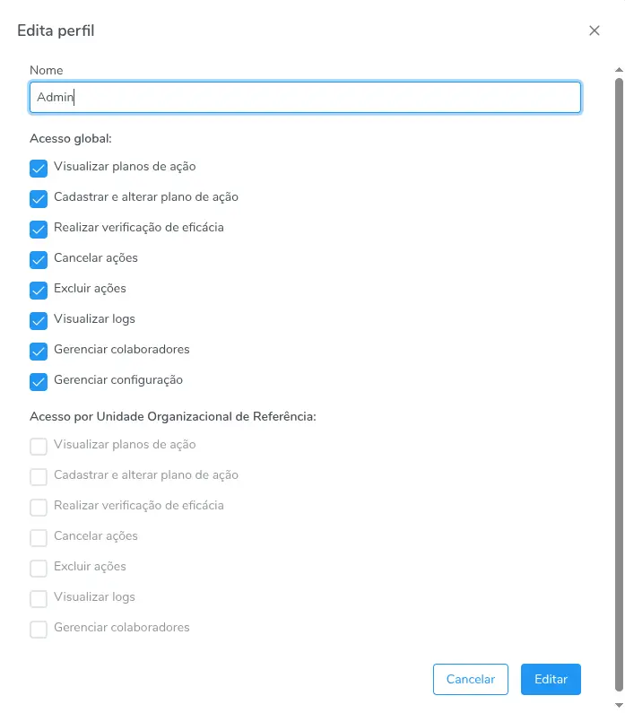 Configuração das permissões e dos escopos de um Perfil