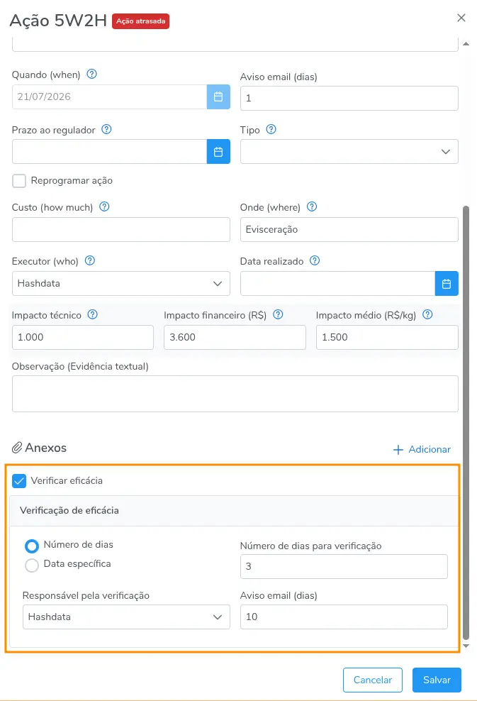 Configuração da Verificação de Eficácia