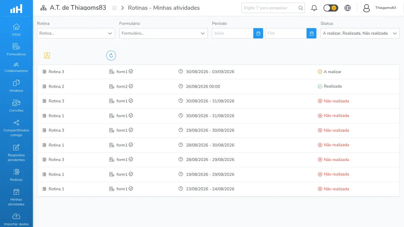 Rotinas - Minhas atividades com uma atividade de verificação, o selo, o prazo e o progresso