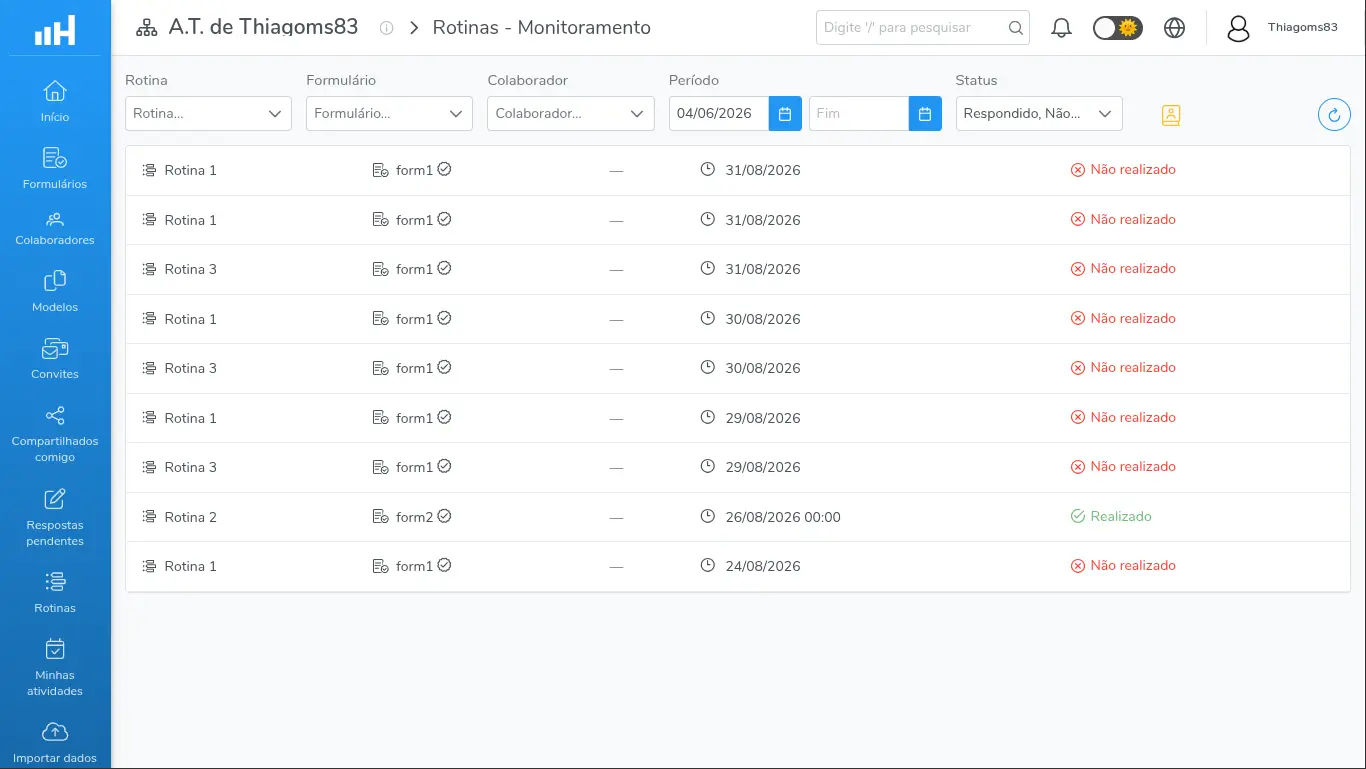 Rotinas - Monitoramento com linhas de verificação nos status Realizado e Não realizado