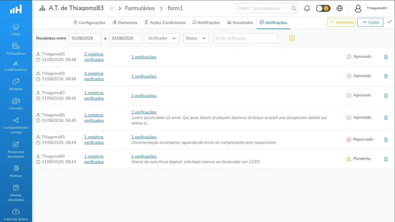 Aba Verificações completa, com a linha de filtros e blocos em diferentes status