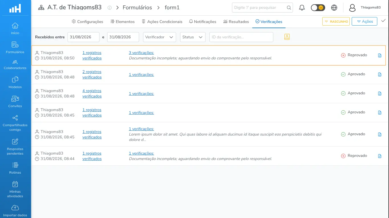 Detalhe de uma linha da aba Verificações, com verificador, data, resultado e botão de PDF