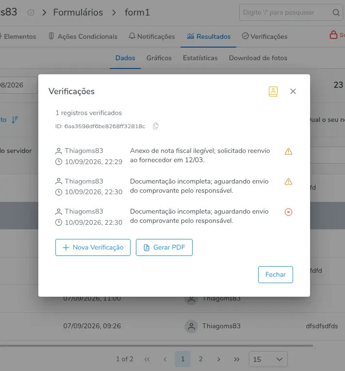 Janela Verificações com o histórico do bloco e os botões Nova Verificação, Gerar PDF e Fechar