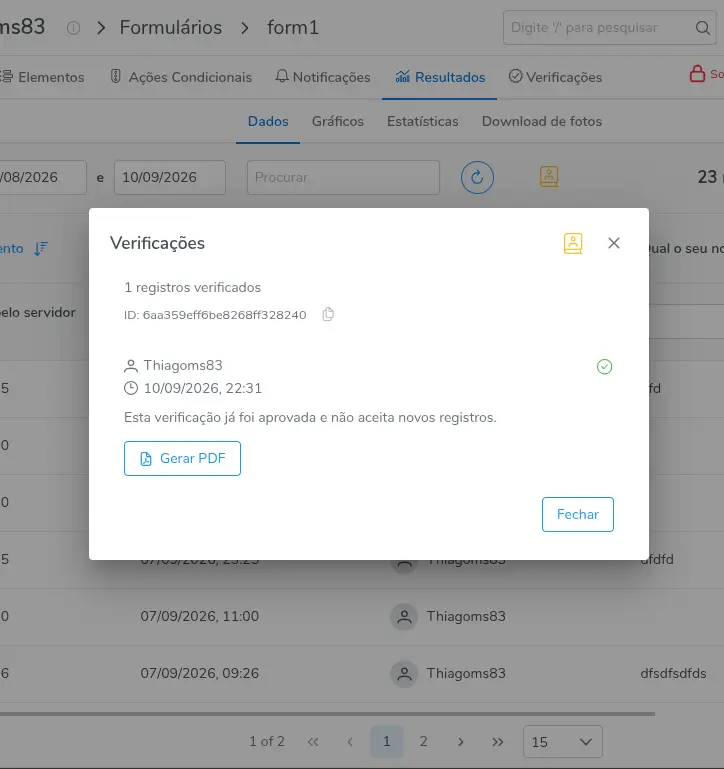 Janela Verificações de um bloco aprovado, sem o botão Nova Verificação