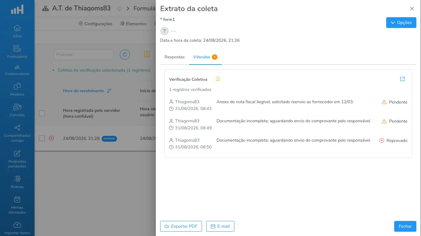 Extrato da coleta na aba Vínculos, com o card Verificação Coletiva