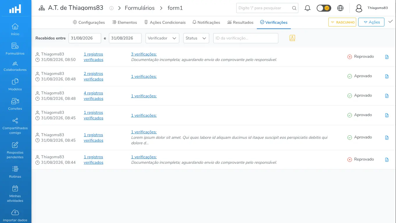 Visão geral da aba Verificações, com blocos em diferentes resultados