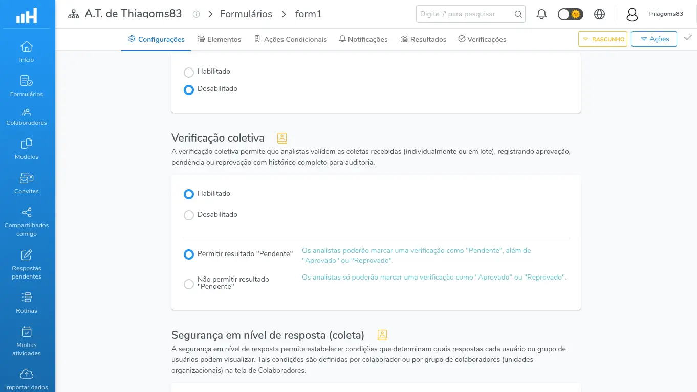 Menu do formulário com a aba Verificações logo depois de Resultados