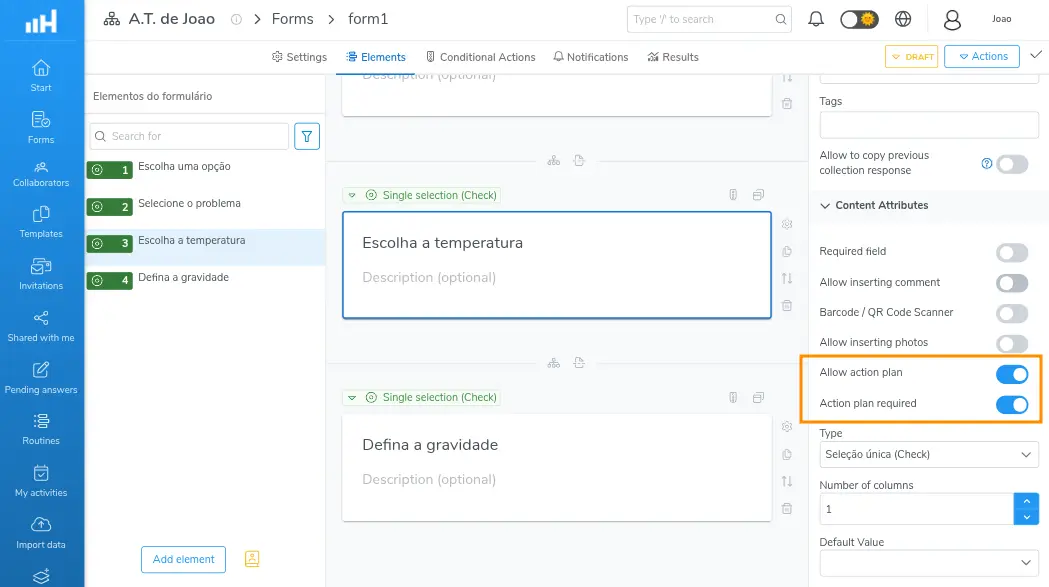 Enabling the Action Plan option on a question
