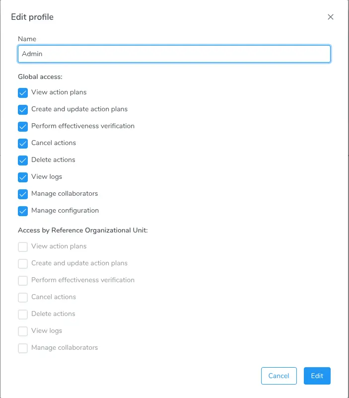 Configuration of the permissions and scopes of a Profile
