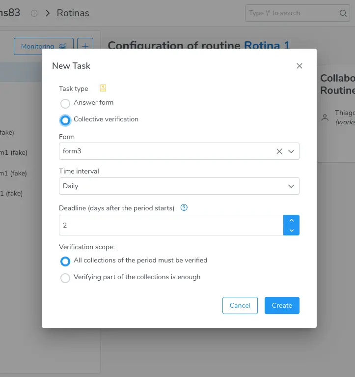 New Task window with the Task type field and the Answer form and Collective verification options