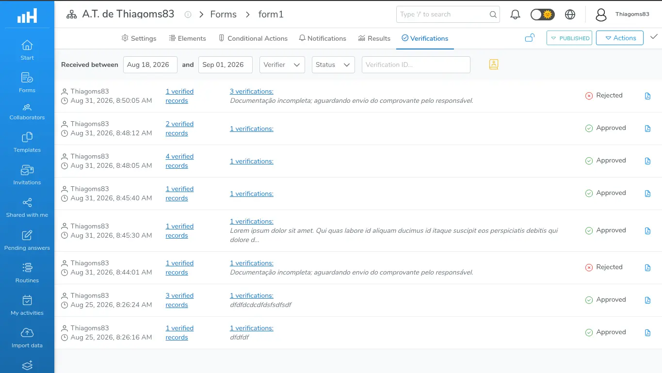 Overview of the Verifications tab, with blocks in different results