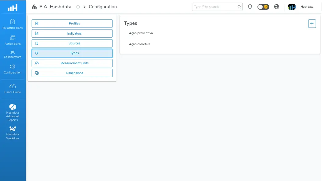 Configuración de los tipos de acción de los Planes de Acción