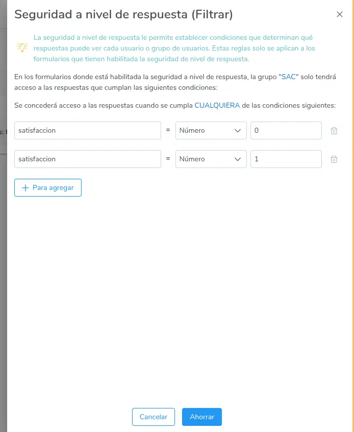 Usuario con acceso a respuestas con satisfacción Terrible o Pobre