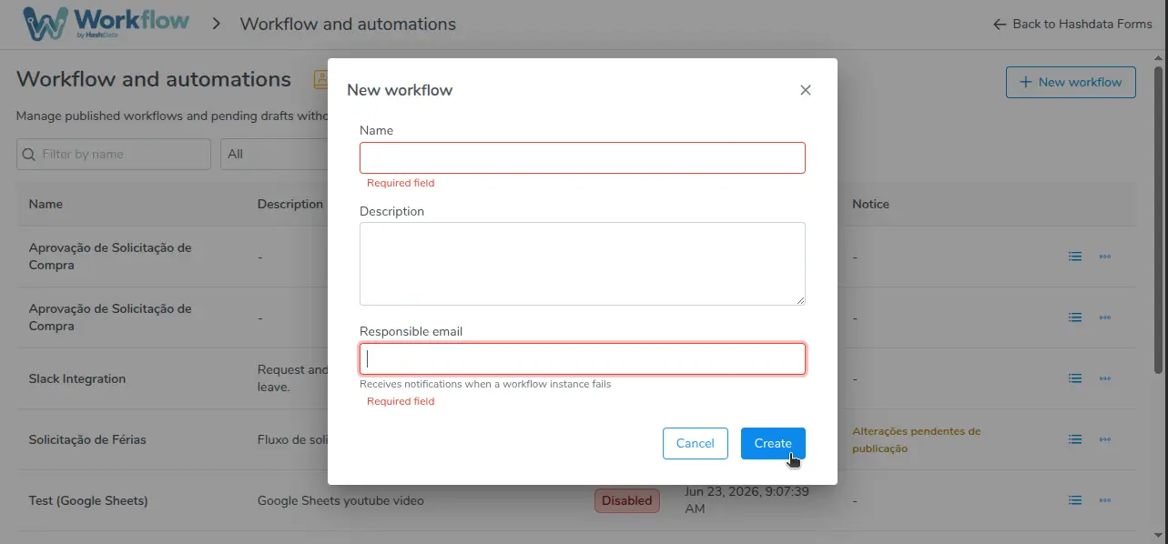 Ventana de creación de un nuevo Workflow