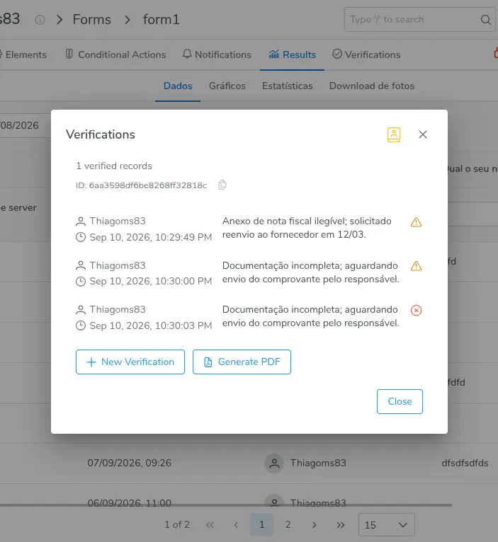 Ventana Verificaciones con el historial del bloque y los botones Nueva Verificación, Generar PDF y Cerrar