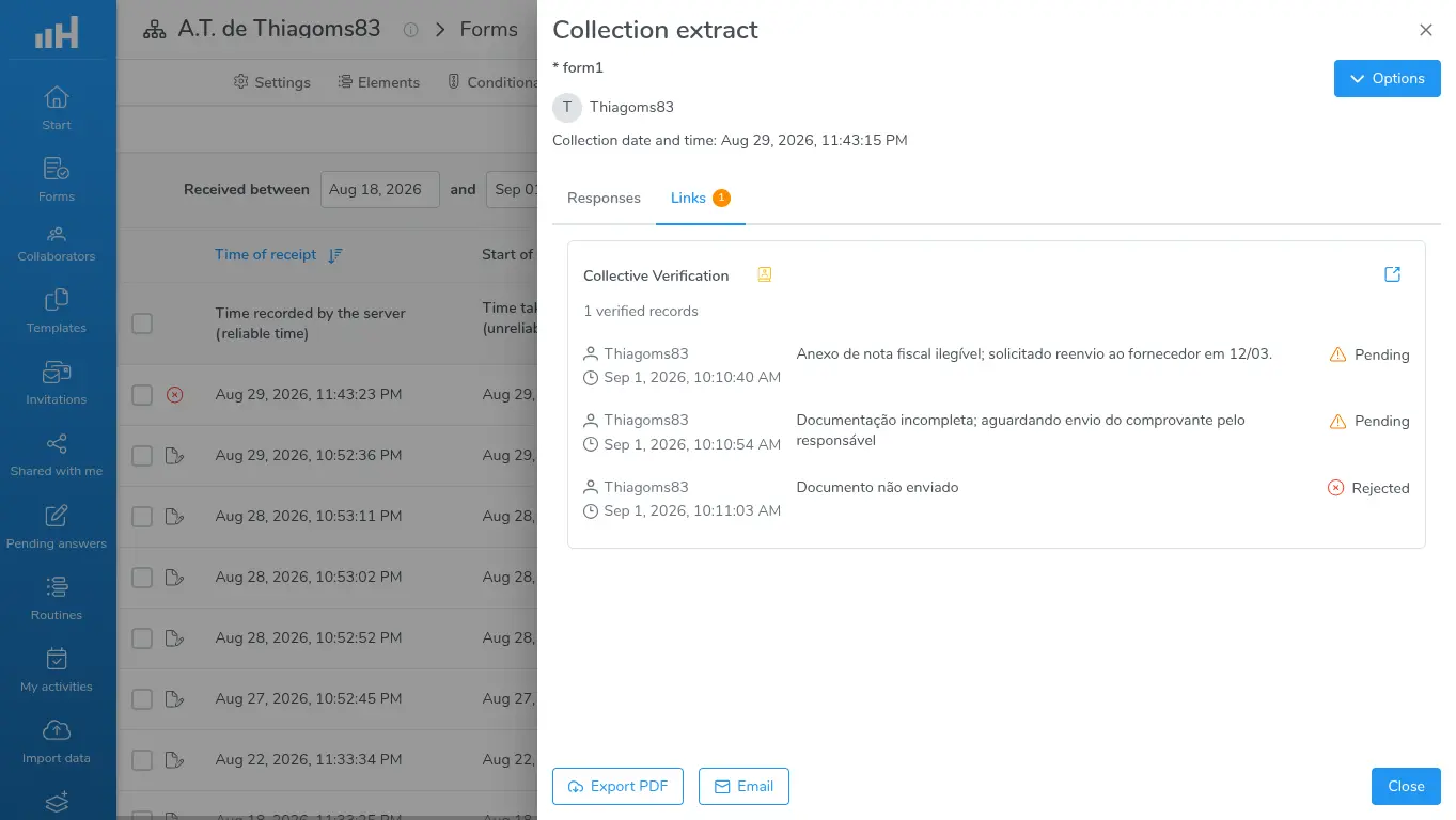 Extracto de la recolección en la pestaña Vínculos, con la tarjeta Verificación Colectiva